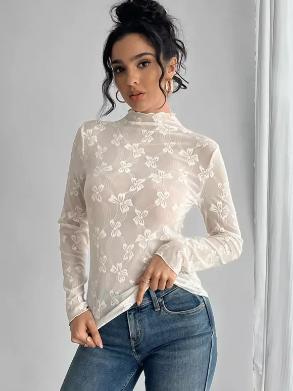 Transparent Mesh Long Sleeve Top With Allover Bow Jacquard For Women 2026