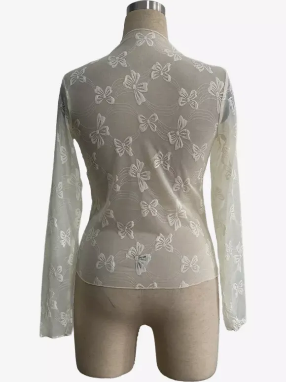 Transparent Mesh Long Sleeve Top With Allover Bow Jacquard For Women 2026
