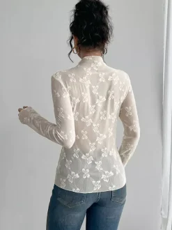 Transparent Mesh Long Sleeve Top With Allover Bow Jacquard For Women 2026