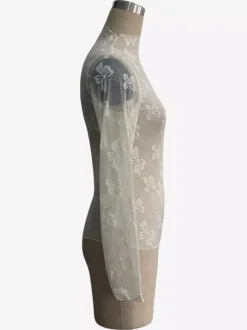 Transparent Mesh Long Sleeve Top With Allover Bow Jacquard For Women 2026