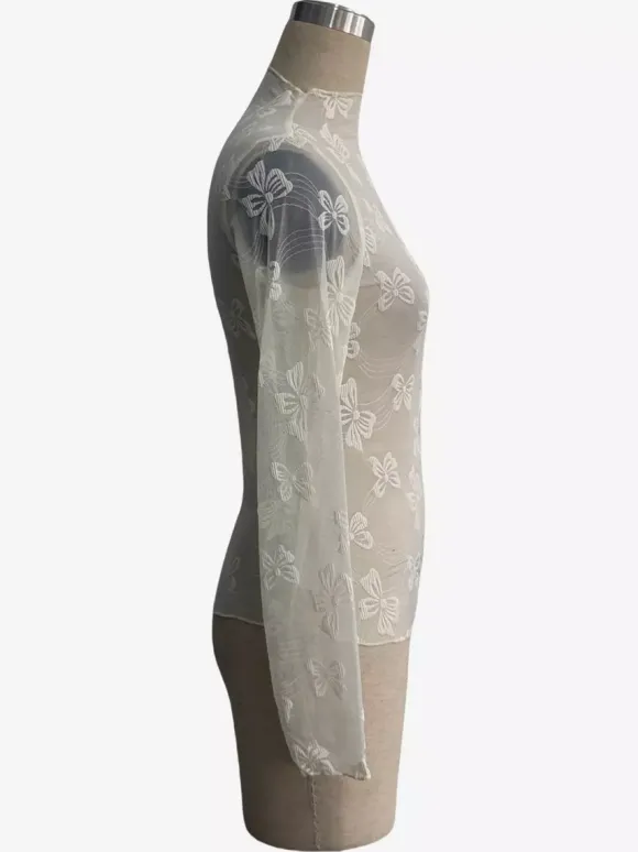 Transparent Mesh Long Sleeve Top With Allover Bow Jacquard For Women 2026