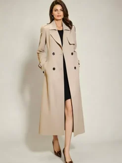 Trench Coat For Women Modern Turndown Collar Buttons Full Length Coat