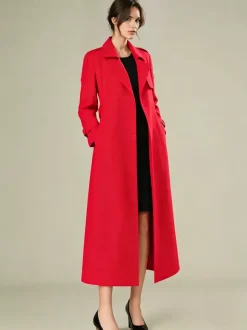 Trench Coat For Women Modern Turndown Collar Buttons Full Length Coat