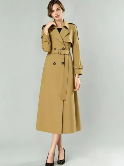 Trench Coat For Women Modern Turndown Collar Buttons Full Length Coat