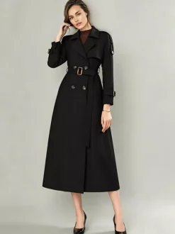 Trench Coat For Women Modern Turndown Collar Buttons Full Length Coat