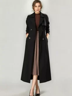 Trench Coat For Women Modern Turndown Collar Buttons Full Length Coat