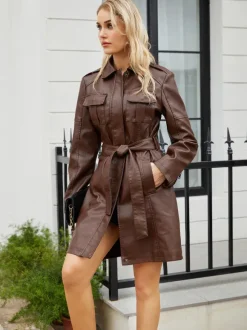 Trench Coat PU Leather Turndown Collar Long Sleeves Fall Outerwear