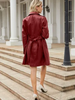 Trench Coat PU Leather Turndown Collar Long Sleeves Fall Outerwear