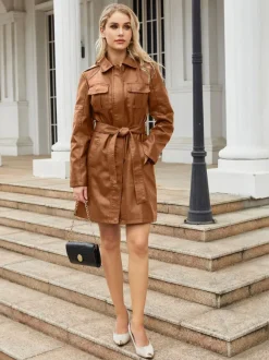Trench Coat PU Leather Turndown Collar Long Sleeves Fall Outerwear