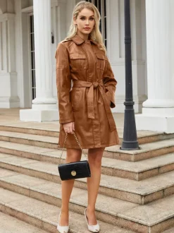 Trench Coat PU Leather Turndown Collar Long Sleeves Fall Outerwear