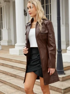 Trench Coat PU Leather Turndown Collar Long Sleeves Fall Outerwear