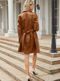 Trench Coat PU Leather Turndown Collar Long Sleeves Fall Outerwear