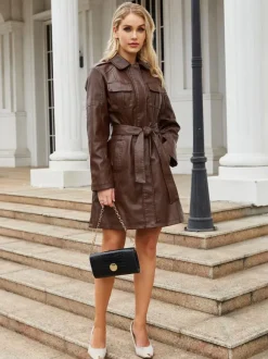Trench Coat PU Leather Turndown Collar Long Sleeves Fall Outerwear