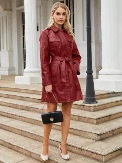 Trench Coat PU Leather Turndown Collar Long Sleeves Fall Outerwear