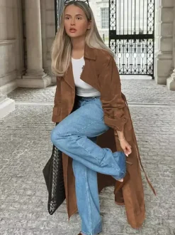 Trench Coat For Women Double-Breasted Old Money Style Classic Lapel Long Sleeves Oversized Spring Long Outerwear 2026