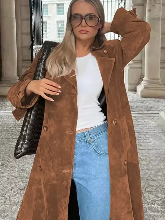 Trench Coat For Women Double-Breasted Old Money Style Classic Lapel Long Sleeves Oversized Spring Long Outerwear 2026