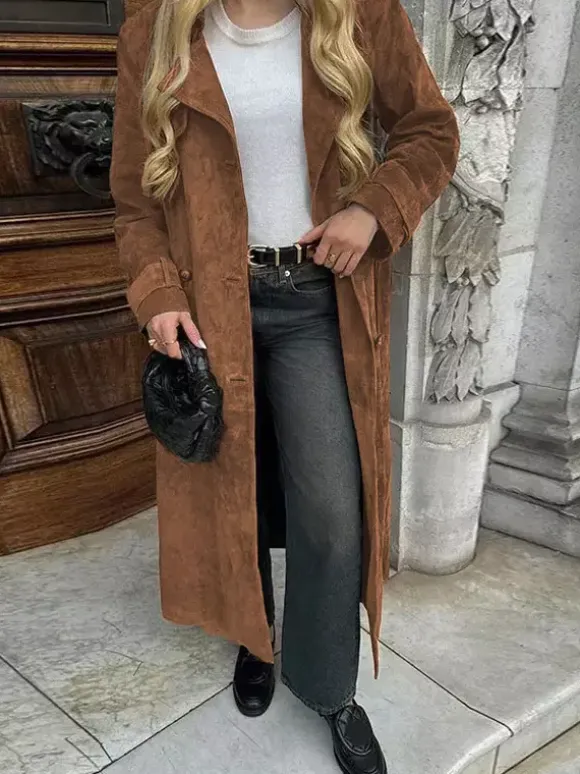 Trench Coat For Women Double-Breasted Old Money Style Classic Lapel Long Sleeves Oversized Spring Long Outerwear 2026