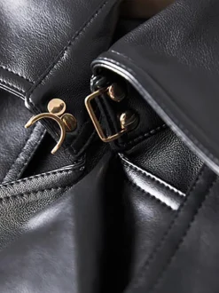 Trench Coat Notched Lapel Double Breast Belted PU Leather Outerwear