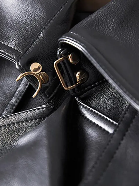 Trench Coat Notched Lapel Double Breast Belted PU Leather Outerwear