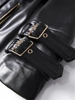 Trench Coat Notched Lapel Double Breast Belted PU Leather Outerwear