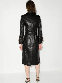 Trench Coat Notched Lapel Double Breast Belted PU Leather Outerwear