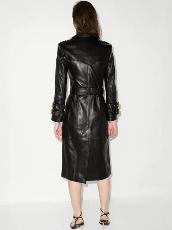Trench Coat Notched Lapel Double Breast Belted PU Leather Outerwear