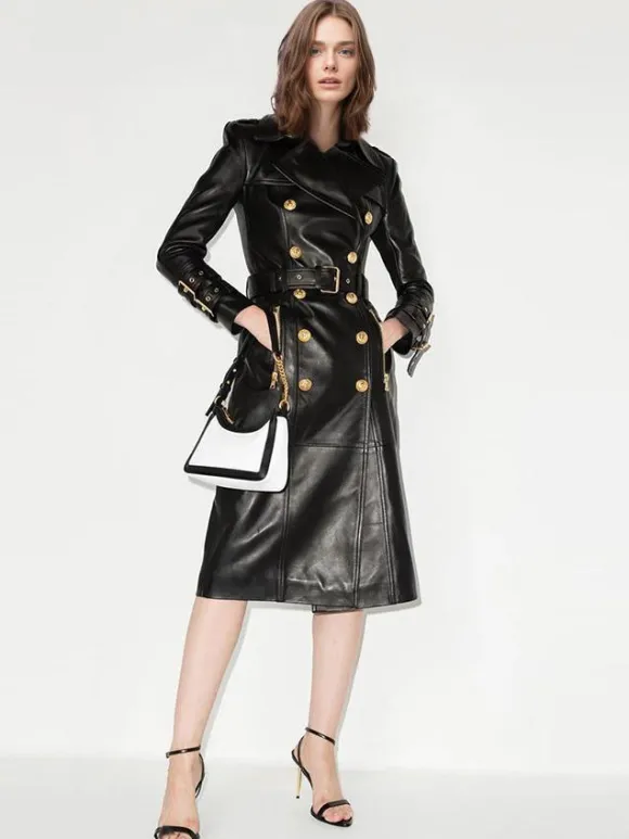Trench Coat Notched Lapel Double Breast Belted PU Leather Outerwear