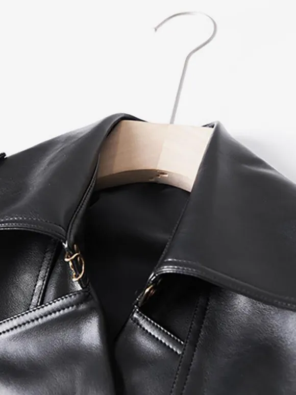 Trench Coat Notched Lapel Double Breast Belted PU Leather Outerwear