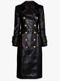 Trench Coat Notched Lapel Double Breast Belted PU Leather Outerwear