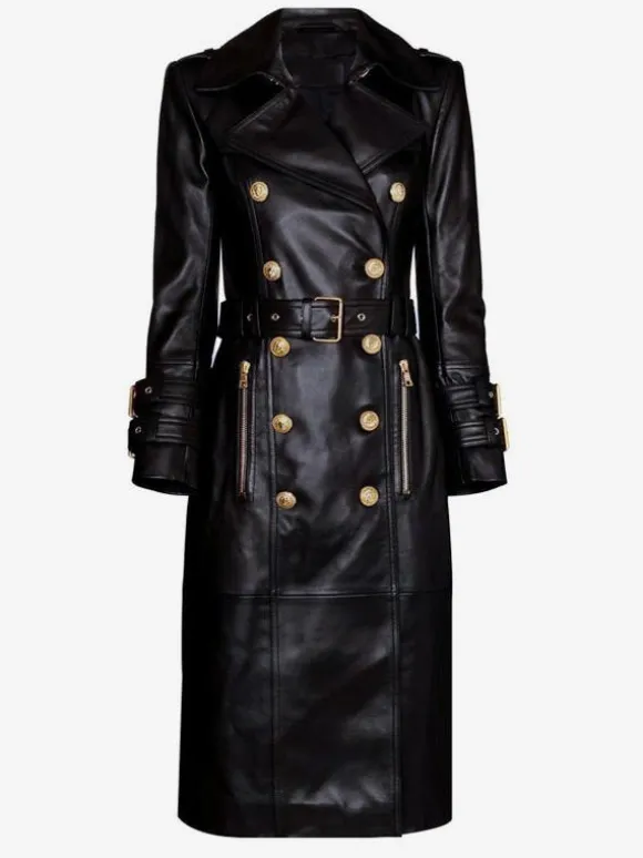 Trench Coat Notched Lapel Double Breast Belted PU Leather Outerwear