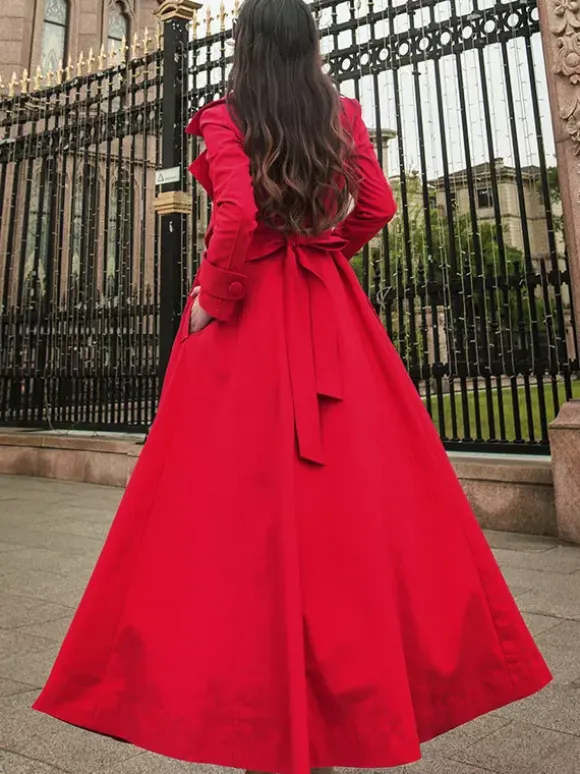 Trench Coats For Woman Red V Neck Long Sleeves Sash Stretch Casual Full Length Coat