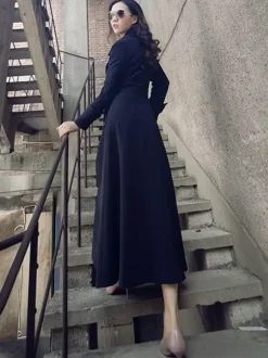 Trench Coats For Woman Red V Neck Long Sleeves Sash Stretch Casual Full Length Coat