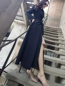 Trench Coats For Woman Red V Neck Long Sleeves Sash Stretch Casual Full Length Coat