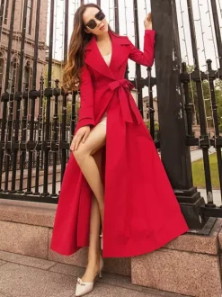 Trench Coats For Woman Red V Neck Long Sleeves Sash Stretch Casual Full Length Coat