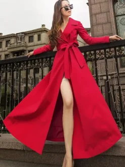 Trench Coats For Woman Red V Neck Long Sleeves Sash Stretch Casual Full Length Coat