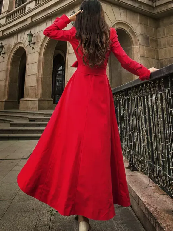 Trench Coats For Woman Red V Neck Long Sleeves Sash Stretch Casual Full Length Coat