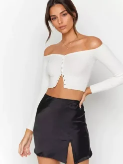 Trendy Cropped Top With Button Front Long Sleeve Off-Shoulder Knit Cardigan For Women 2026