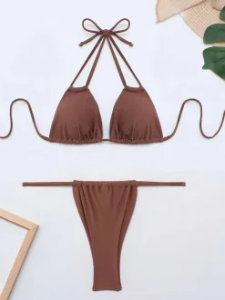 Triangle Bikinis Halter Double Straps Thong Bottom Beach Swimsuits