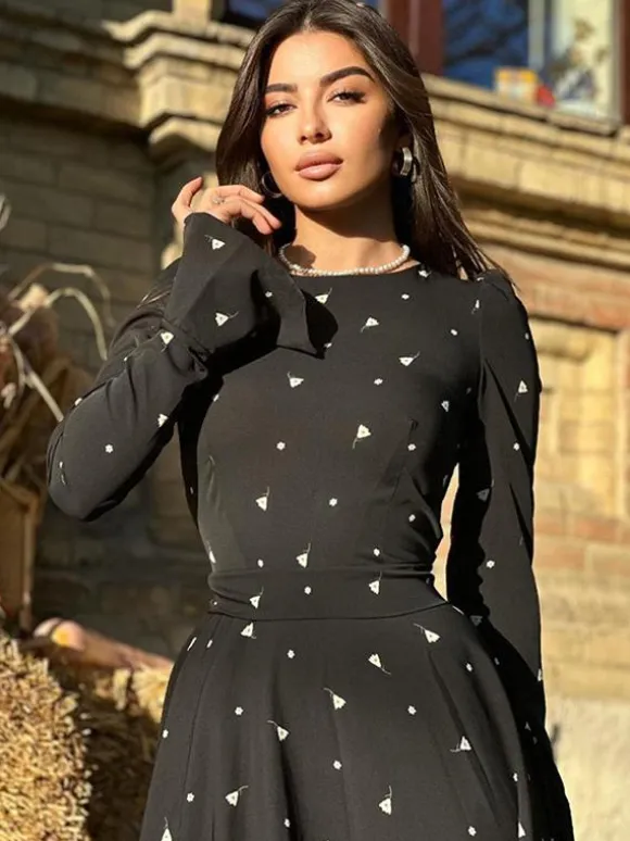 Triangle Printed Dress Round Neck Long Sleeves Casual Maxi Dresses