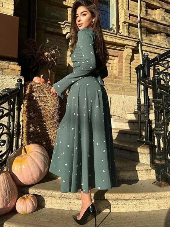 Triangle Printed Dress Round Neck Long Sleeves Casual Maxi Dresses
