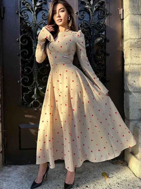 Triangle Printed Dress Round Neck Long Sleeves Casual Maxi Dresses