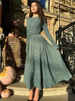 Triangle Printed Dress Round Neck Long Sleeves Casual Maxi Dresses