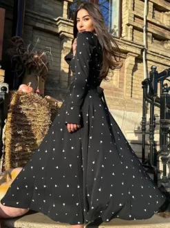 Triangle Printed Dress Round Neck Long Sleeves Casual Maxi Dresses