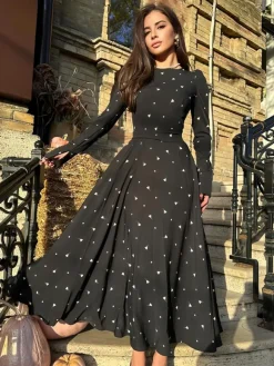 Triangle Printed Dress Round Neck Long Sleeves Casual Maxi Dresses