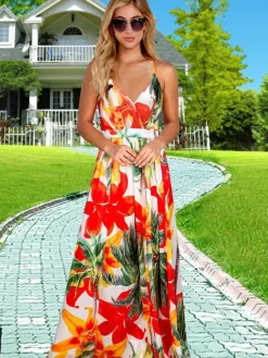 Tropical Floral Maxi Dress for Women - Leaf Print V Neck Backless Long Sundress - Summer Beach Vacation 2026