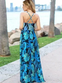 Tropical Floral Maxi Dress for Women - Leaf Print V Neck Backless Long Sundress - Summer Beach Vacation 2026