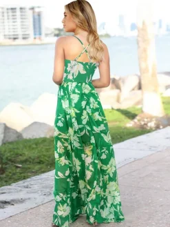 Tropical Floral Maxi Dress for Women - Leaf Print V Neck Backless Long Sundress - Summer Beach Vacation 2026
