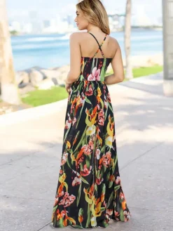 Tropical Floral Maxi Dress for Women - Leaf Print V Neck Backless Long Sundress - Summer Beach Vacation 2026