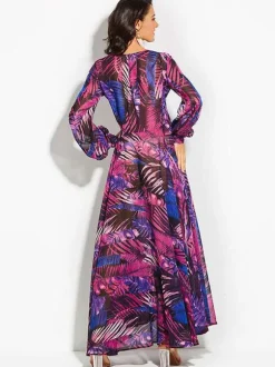 Tropical Maxi Dress for Women - Leaf Printed V Neck Lantern Sleeve Wrap Dress - Summer Beach Party 2026