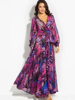 Tropical Maxi Dress for Women - Leaf Printed V Neck Lantern Sleeve Wrap Dress - Summer Beach Party 2026